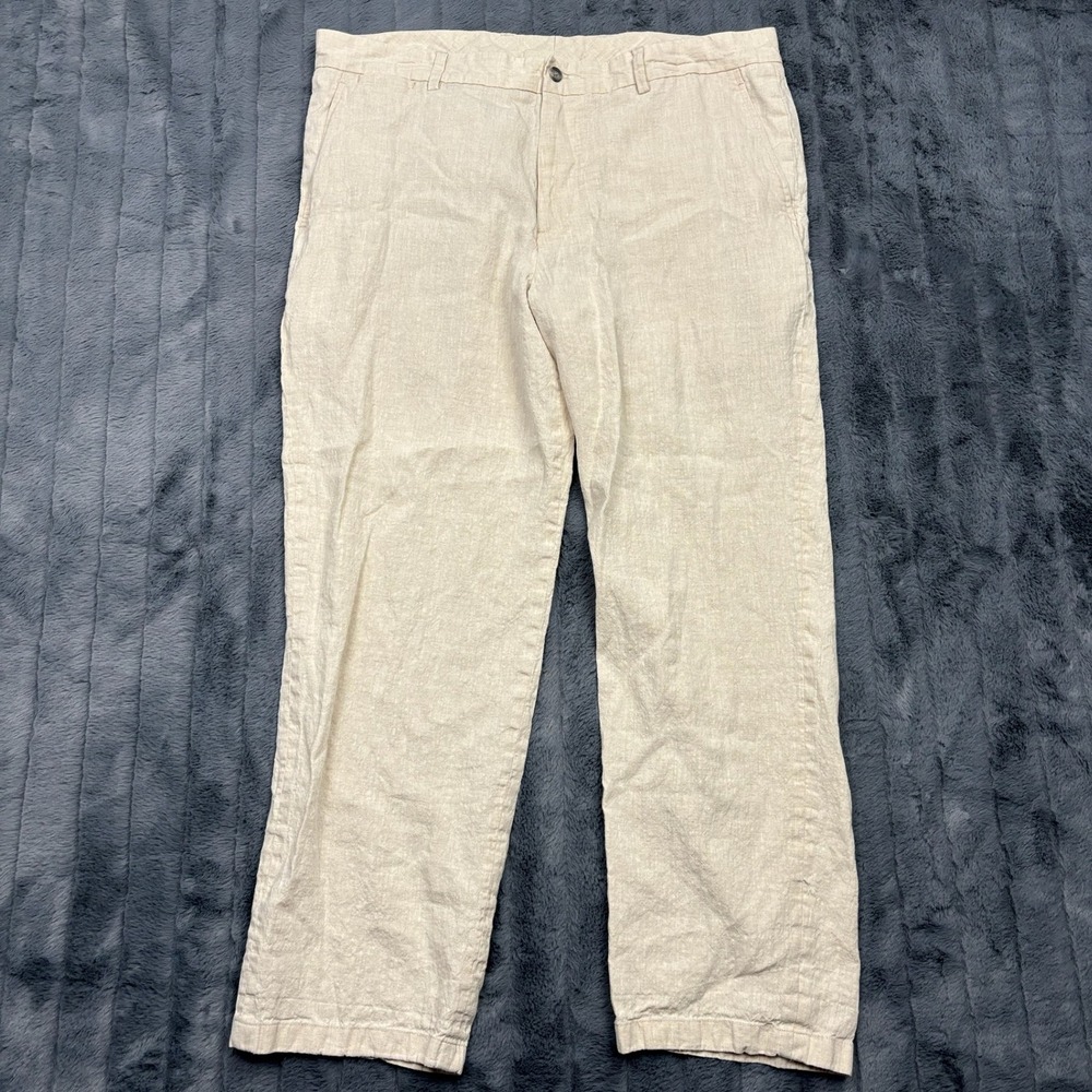 Tasso Elba Mens 100% Linen Pants Beige Flat Front Trousers 36x30 (Actual 36x26)
